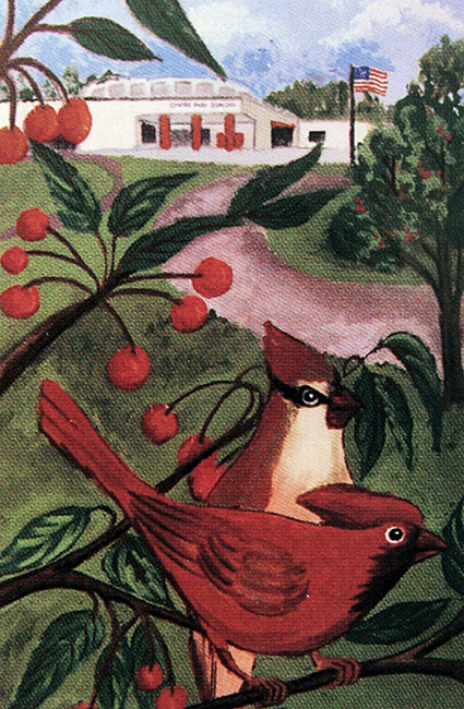 Photograph of a painting of two cardinals sitting on the branch of a cherry tree in front of Cherry Run Elementary School.
