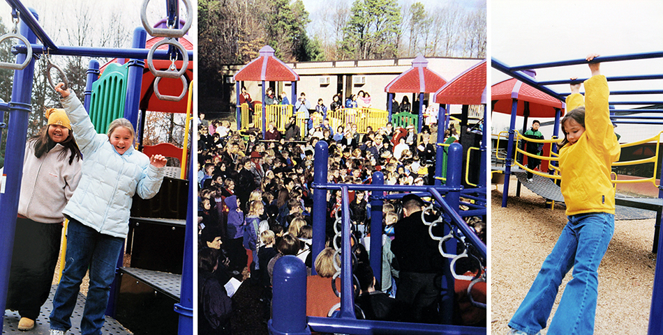 Three photographs of students and the new playground. The center photograph was taken during the playground’s dedication. A large group of students is standing on the playground listening to a speech.