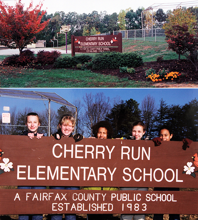 Two photographs of a large wooden sign that reads Cherry Run Elementary School, A Fairfax County Public School, Established 1983. Flanking the name Cherry Run are two cardinals, perched on cherry tree branches.